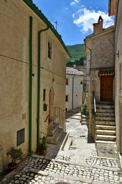 イタリア アブルッツォ州シヴィテッラ アルフェデナの古い石造りの家の間の狭い通りの垂直方向の眺め — ストック写真
