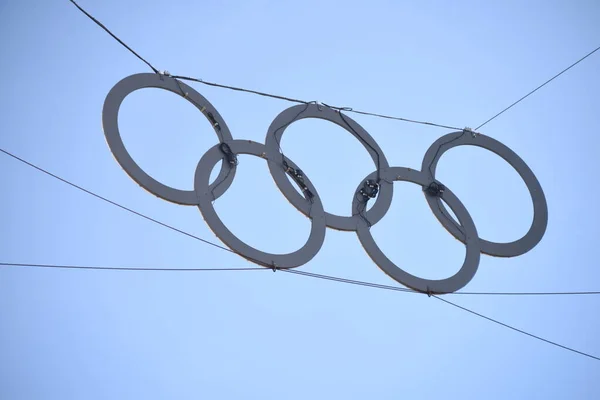 Circular Led Lights Supported Wires Forming Olympic Games Sign Blue — Stock Photo, Image