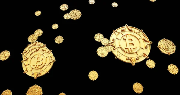 Uma Ilustração Cair Bitcoins Dourados Fundo Preto — Fotografia de Stock