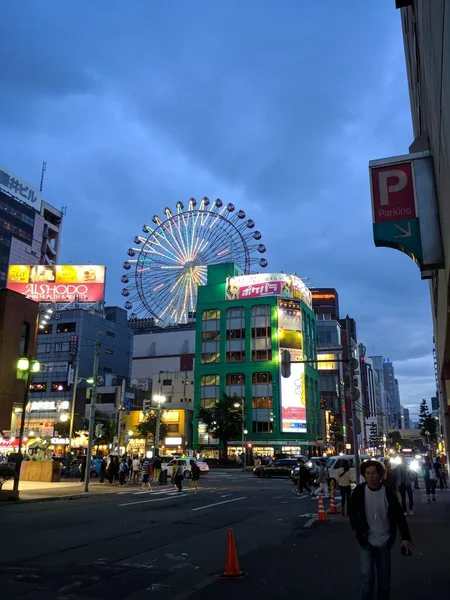 Uma Bela Vista Roda Noria Ferris Susukino Sapporo Noite — Fotografia de Stock