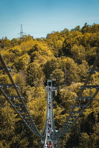 Tiro Vertical Uma Longa Ponte Metal Uma Floresta Uma Luz — Fotografia de Stock