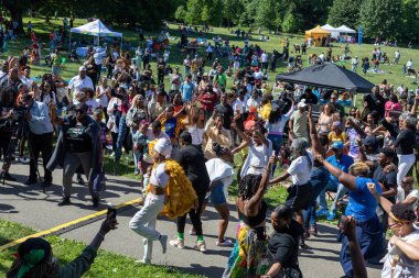 Güneşli bir günde Prospect Park Brooklyn 'de düzenlenen 13. Haziran kutlamasında bir kalabalık.