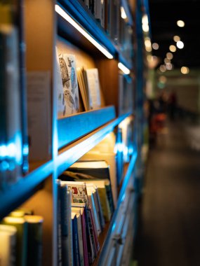 Baykuş kapaklı bir kitap odaklı kütüphane veya kitapçı raflarının dikey bir görüntüsü