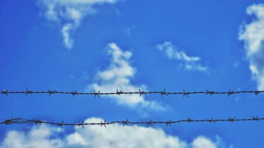 Mavi gökyüzü özgürlüğü kavramının altında dikenli tel düşük açılı bir çekim.