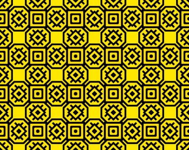 Arkaplan veya duvar kağıdı olarak çiçek şekilli sarı ve siyah dikişsiz bir kiremit deseni.