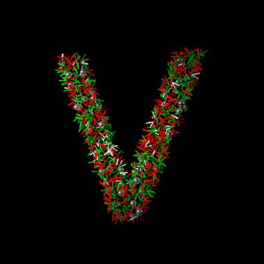 Siyah bir arkaplanda izole edilmiş karakter gibi dağınık yeşil ve kırmızı bir Noel.