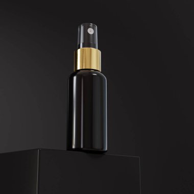 Siyah arka planda siyah ve altın renkli bir sprey şişesinin 3 boyutlu çizimi