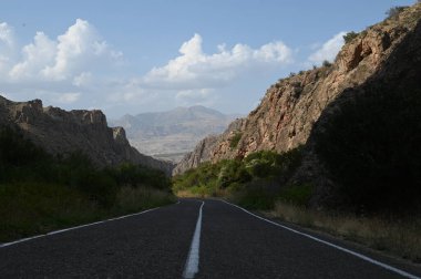 Bitkiler ve kayalık dağlarla dolu temiz bir asfalt yolu görüntüsü