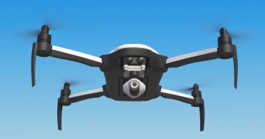 Parlak güneş ışığında mavi gökyüzünde uçan bir İHA 'nın alçak açılı görüntüsü