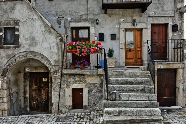 Facade Old Houses Adorned Flowers Pecocostanzo — Stock Photo, Image