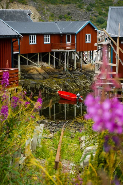 Vertical Shot Trees Water Red Boat Rural Houses Lofoten Norway — Stock Photo, Image
