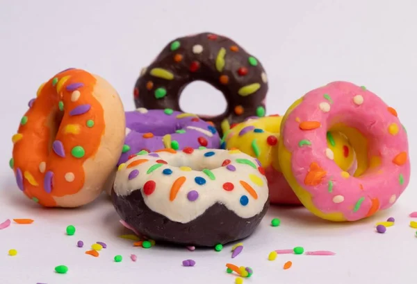 Closeup Colorful Donuts Made Plasticine Decorated Sprinkles — Stock Photo, Image