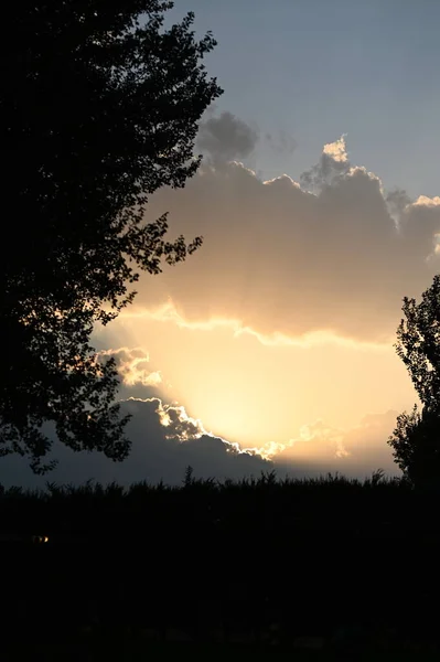Silhouette Von Bauernhof Und Bäumen Mit Blick Auf Den Sonnenuntergang — Stockfoto