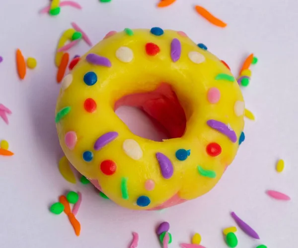 Top View Yellow Donut Made Plasticine Decorated Sprinkles — Stock Photo, Image