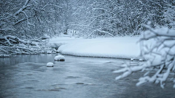 Ein Zugefrorener Fluss Einem Verschneiten Wald Tromsdalen Norwegen — Stockfoto