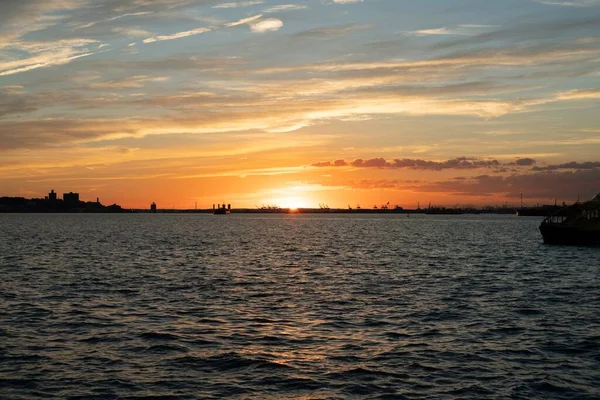 Breathtaking Sunset View Middle Sea Silhouettes Ships Distance — Stock Photo, Image