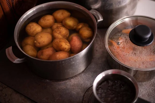 Havuç ve patatesler tencerede kaynıyor.