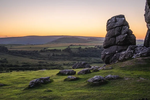 Dartmoor Ulusal Parkı 'ndaki kayalarla çevrili yeşil alan manzarası.