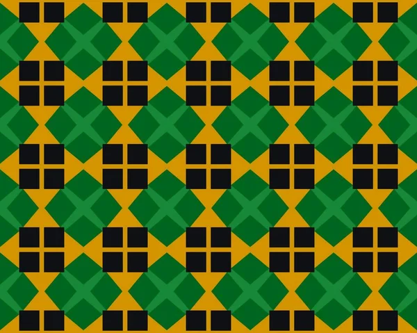 黄色の背景にシームレスな緑と黒の正方形と菱形のタイルパターンのイラスト — ストック写真