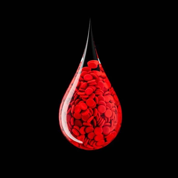 Egy Nagy Csepp Renderelése Vérsejtekkel Fekete Háttérrel Véradás Nemzetközi Napja — Stock Fotó