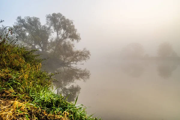 Uma Vista Panorâmica Rio Nebuloso Com Água Calma — Fotografia de Stock