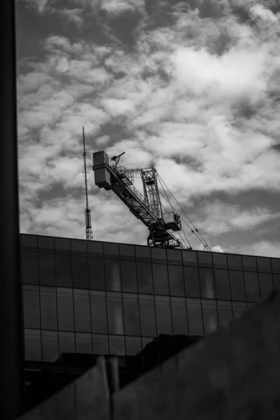 Pionowe Ujęcie Żurawia Budowlanego Skali Szarości Przez Niedokończony Budynek — Zdjęcie stockowe