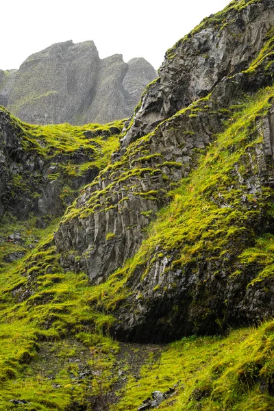 Una Vista Rocas Negras Masivas Cubiertas Musgo Verde Fresco Día —  Fotos de Stock