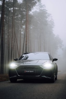 Sisli bir ormanda gümüş rengi Audi RS 6 'nın dikey çekimi.