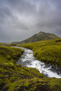 Dar bir su akıntısının dikey görüntüsü dağlardaki yeşil vadiden aşağı akıyor.
