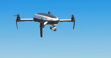 Parlak güneş ışığında mavi gökyüzünde uçan bir İHA 'nın alçak açılı görüntüsü