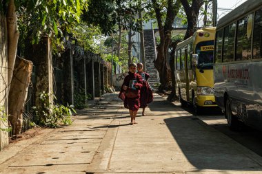 Yangon, Myanmar sokaklarında yürüyen keşişlerin görüntüsü