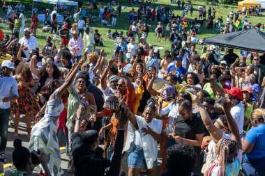 Güneşli bir günde Prospect Park Brooklyn 'de düzenlenen 13. Haziran kutlamasında bir kalabalık.