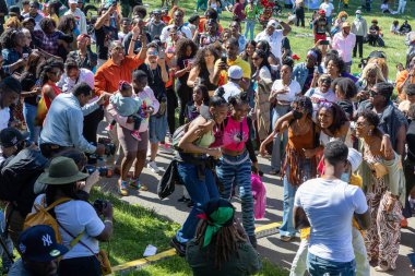 Güneşli bir günde Prospect Park Brooklyn 'de düzenlenen 13. Haziran kutlamasında bir kalabalık.