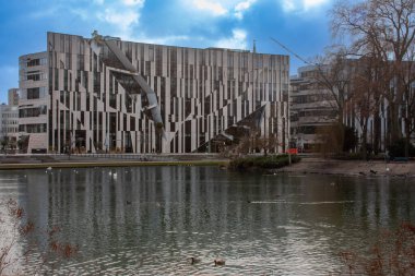 Düsseldorf, Almanya 'da modern binalarla çevrili yüzen ördeklerin olduğu bir göl manzarası.