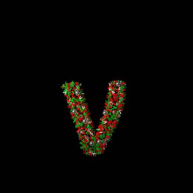 Siyah bir arkaplanda izole edilmiş karakter gibi dağınık yeşil ve kırmızı bir Noel.