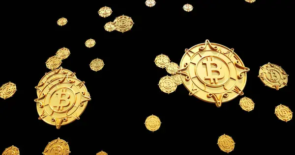 Uma Ilustração Cair Bitcoins Dourados Fundo Preto — Fotografia de Stock