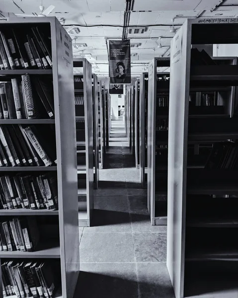 Una Toma Escala Grises Biblioteca Con Libros Estante —  Fotos de Stock