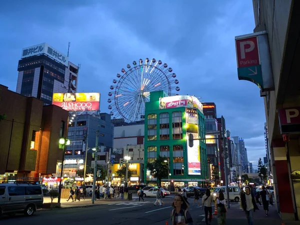 Vacker Utsikt Över Noria Ferris Wheel Susukino Sapporo Kvällen — Stockfoto