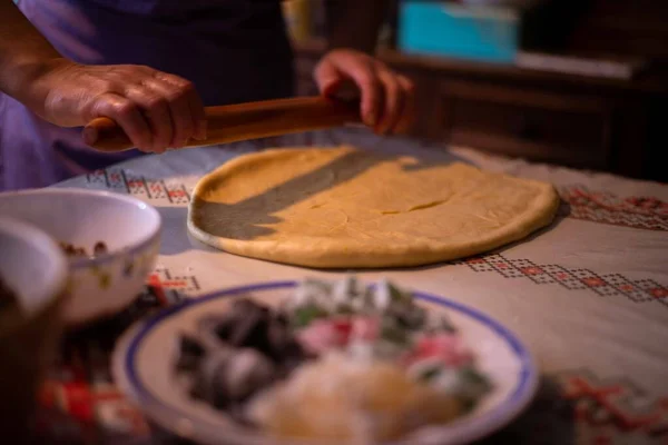 Housewife Spreading Dough Rolling Pin — Stock Photo, Image