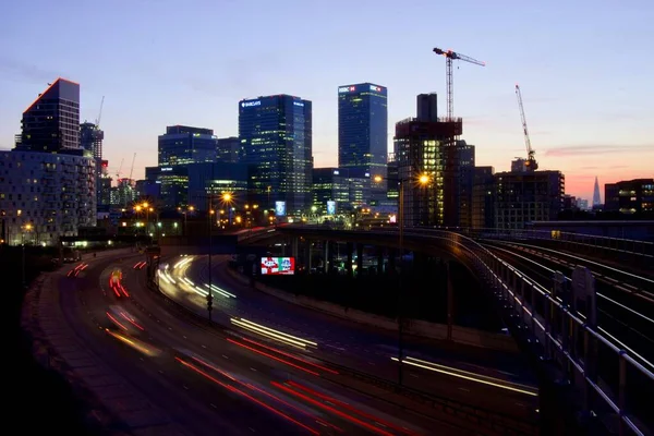 Scenic Slow Shutter Night Scenes Docklands Area Full Skyscrapers London — Stock Photo, Image