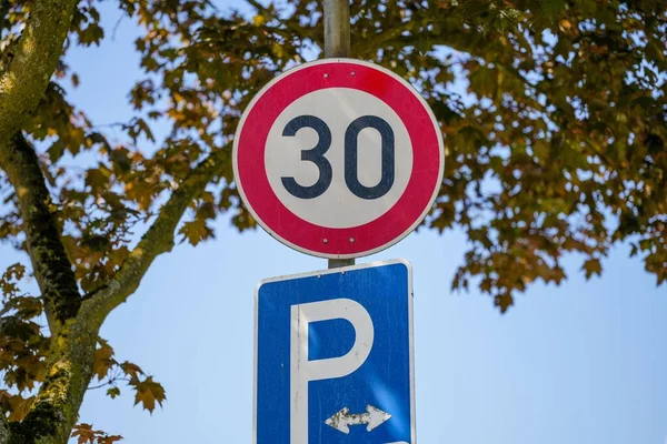 A closeup shot of parking and speed limit signs against a green tree