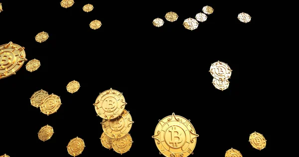 Ilustracja Spadających Złotych Bitcoinów Czarnym Tle — Zdjęcie stockowe