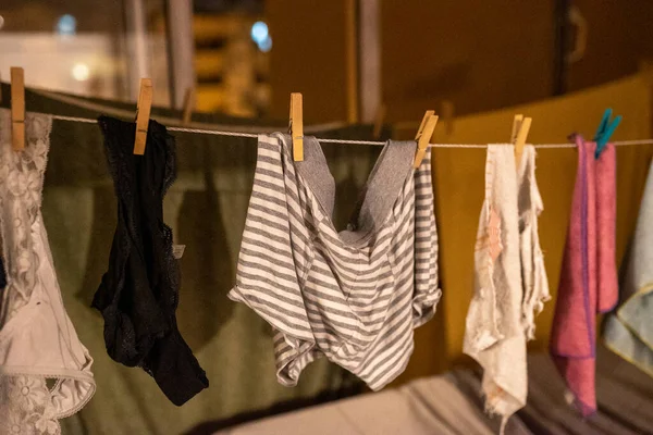 Séchage Des Sous Vêtements Après Lavage Sur Corde — Photo