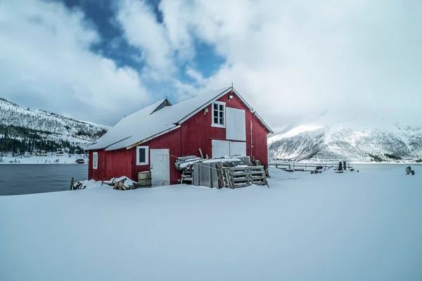 Een Rode Cabine Kvaloya Eiland Noorwegen Winter — Stockfoto