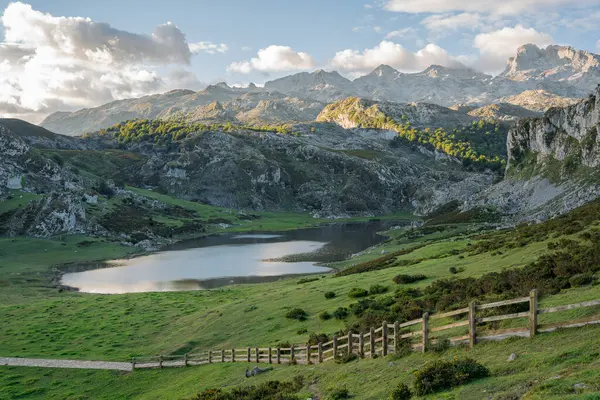 Malebný Pohled Jezero Zeleném Poli Obklopeném Horami — Stock fotografie