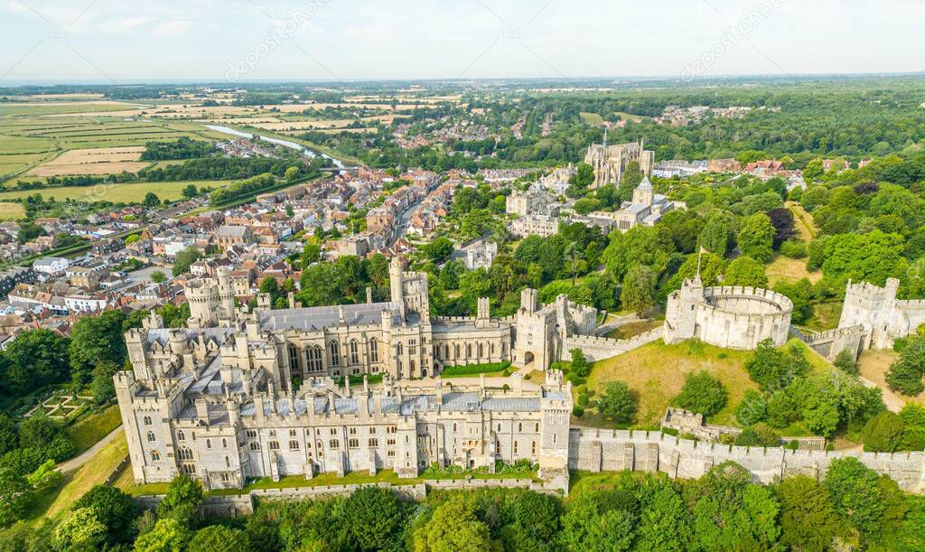 An aerial view of the Arundel castle and the town in United Kingdom