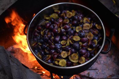 Dilimlenmiş eriklerin yakın plan çekimi şöminenin üstünde pişiriliyor.