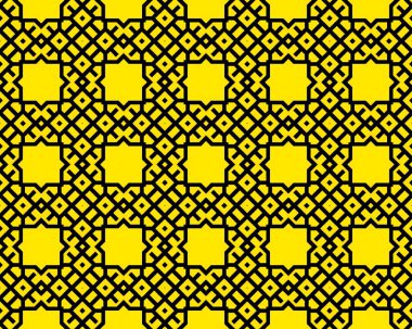 Aralıksız köşegen çizer Yunanca tekrarlanan motifsiz motifsiz desen basit siyah ve Sarı yinelenen arka plan geometrik şekiller.