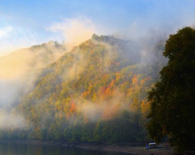 Sisli bir günde, sonbahar ağaçlarıyla kaplı bir dağın manzarası.