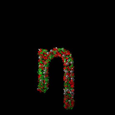 Siyah bir arkaplanda izole edilmiş karakter gibi dağınık yeşil ve kırmızı bir Noel.